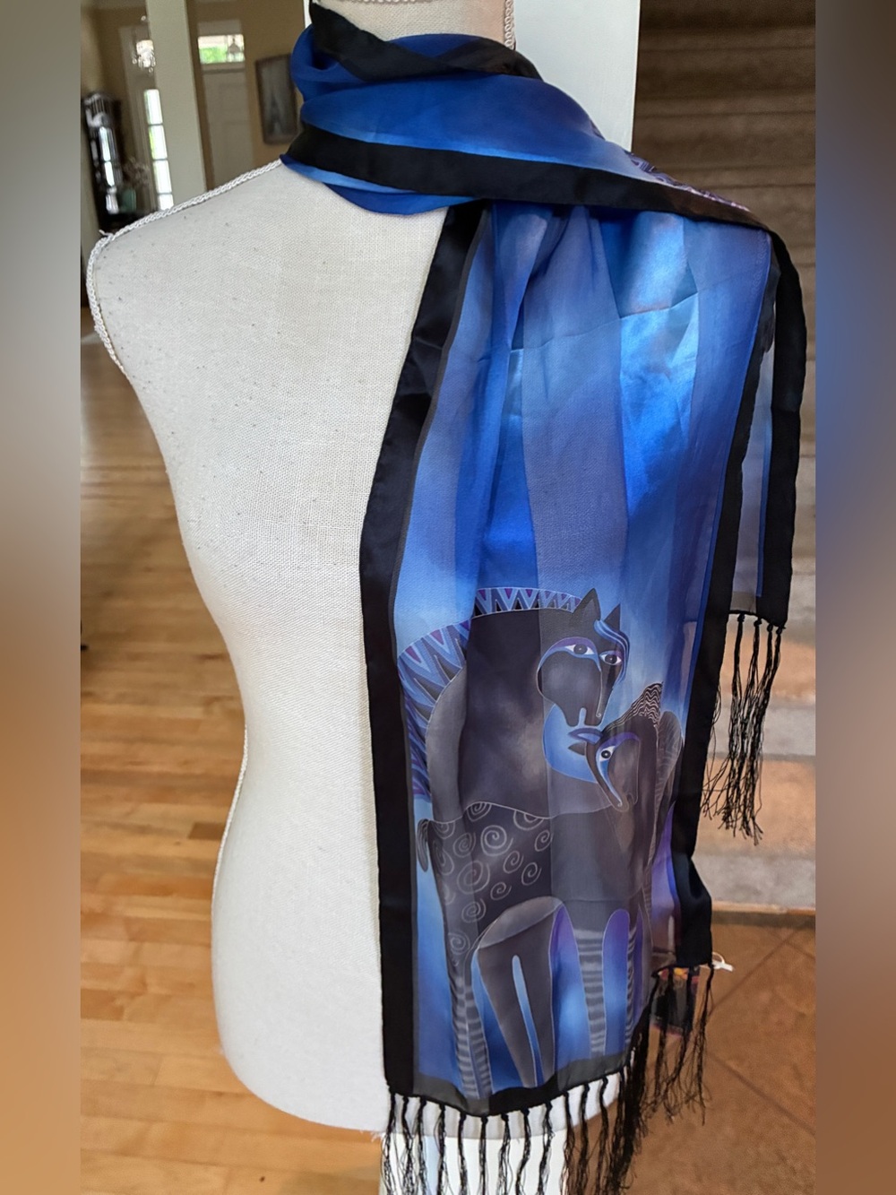Laurel Burch Vibrant Blue and Black Horse Print Scarf